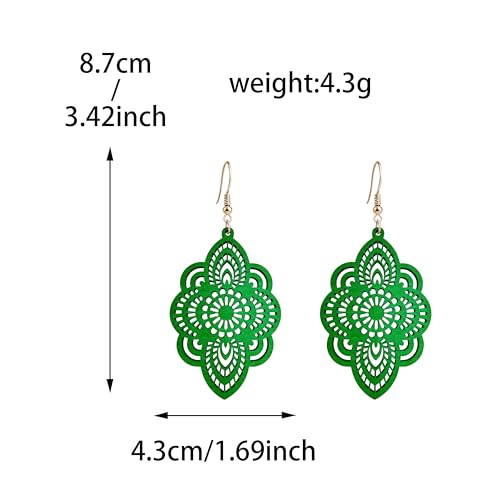 Bohemian Wood Earrings Natural Retro Lightweight Hollow Pattern Geometric Wooden Dangle Drop Earrings Statement Vintage Jewelry - color: mint green