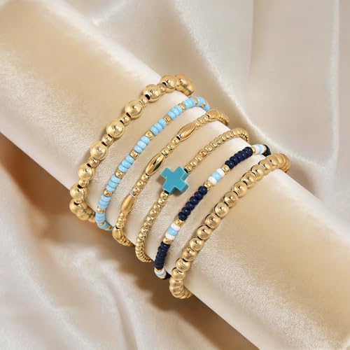 VIBILIA Gold Beaded Bracelets Set for Women 14K Gold Plated Dainty Pearl Cross Bracelet Stack Stretch Bracelet Set Fashion Accessories Gifts - color: 6P-#C-Blue