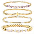4pcs Gold Beaded Pearl Bracelets Set for Women Multi Layer Versatile Stackable Stretch Cuff Sparkly Stone Crystal Gemstone Jewelry Birthday Gifts - color: Amethyst