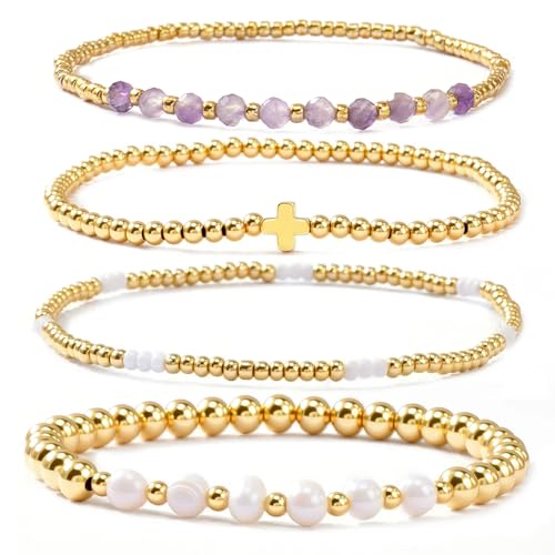 4pcs Gold Beaded Pearl Bracelets Set for Women Multi Layer Versatile Stackable Stretch Cuff Sparkly Stone Crystal Gemstone Jewelry Birthday Gifts - color: Amethyst