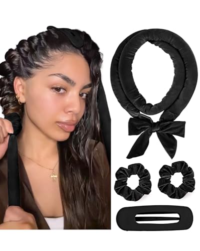 Yanibest Heatless Curls Overnight, Soft Heatless Hair Curler to Sleep in, No Heat Ribbon Wrap, Heatless Curling Set for Long Short Hair with Hair Scrunchies and Clip - color: Black