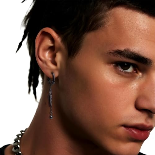Sonateomber Gothic Silver Black Small Hoop Earrings for Women Men, Punk Hip Hop Engrave Beaded Goth Dangle Drop Earings Halloween Costumes Accessories Prom Fashion Jewelry Gift - color: Black Spike