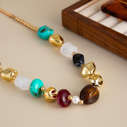 Chunky Acrylic Beaded Necklace for Women Colorful Acrylic Beaded Choker Round Beads Statement Necklace Fashion Jewelry - color: Gold