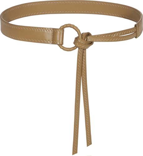 Knotted Waist Belt for Women PU Leather Thin Strap Belt for Dresses - color: Khaki