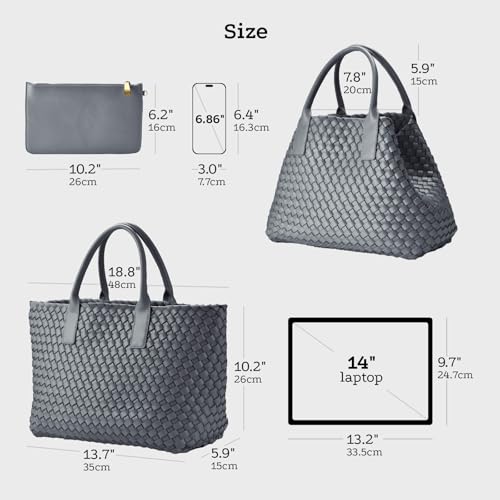 Woven Tote Bag for women,Vegan Leather Woven Satchel Handbag,Shoulder bag with Pouch,Hobo bag fits13-14” laptops - color: Grey