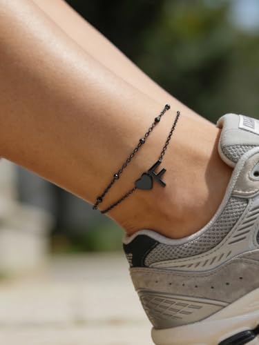 Silvora Ankle Bracelets for Women Waterproof 14K Gold/Silver/Black Initial Anklet for Women Dainty Layered Heart Ankle Bracelets Stainless Steel Adjustable Foot Chain Anklet Summer Beach Jewelry - color: Black-Stainless Steel, size: 16.P