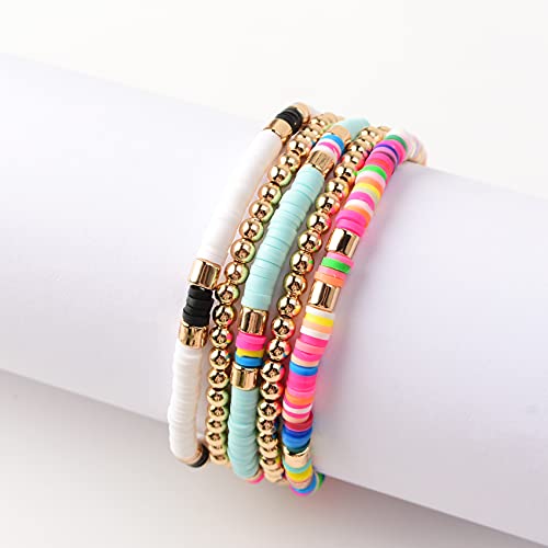 GOOJIDS Surfer Heishi Clay Bead Bracelets for Women Bohemian Stackable Gold Plated Beaded Stretch Bracelets Elastic Layering Friendship Bracelets Set Boho Jewelry - color: C-White 5pcs