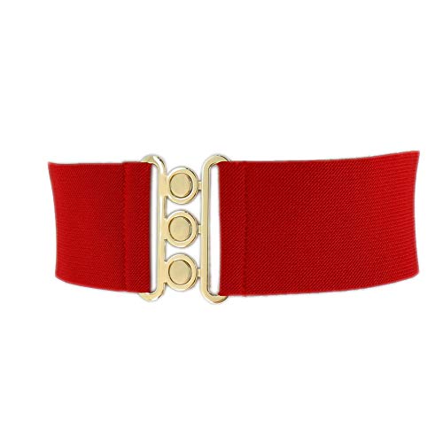 FASHIONGEN - Wide Waist Elasticated Woman Belt Made in France, GLORIA - color: Dark Red (Golden Buckle), size: Large / waist size 32 to 34