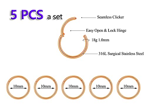 5Pcs 16G 18G Surgical Steel Nose Rings Hoop Tragus Septum Cartilage Hoop Earrings For Women Men Body Piercing Jewelry Kit Bar Length 6mm/8mm/10mm/12mm/14mm - style: 5Pcs -18G - Rose Gold - 10mm