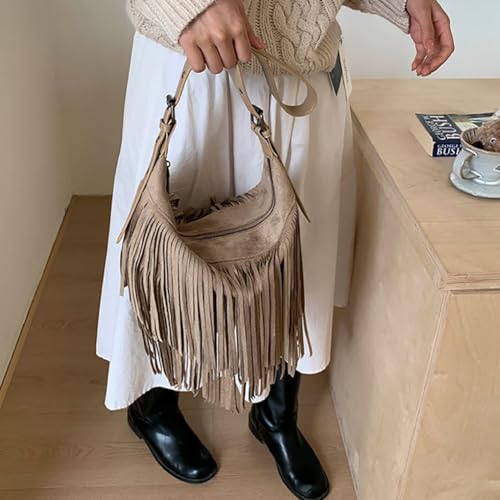 Fringe Genuine Suede Leather Hobo Bag Adjustable Crossbody Shoulder Bag Boho Retro Tassel Handbag Gift Box - color: Khaki