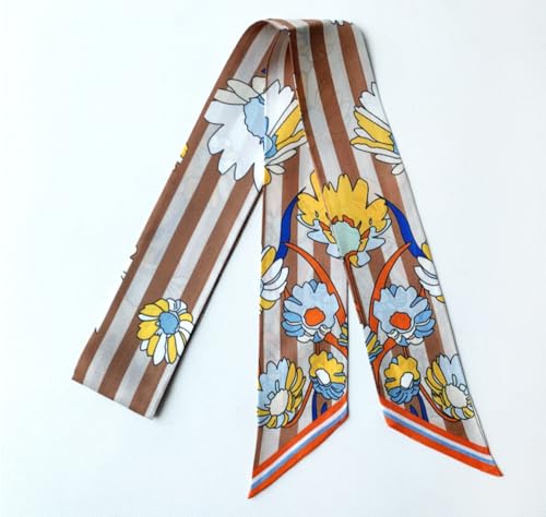 JERLA 100% Mulberry silk Scarf bag scarf Head Hair Ribbon Handbag Handle wrap Tie Bundle Neckerchief Scarf for women - color: Coffee Stripe Flower