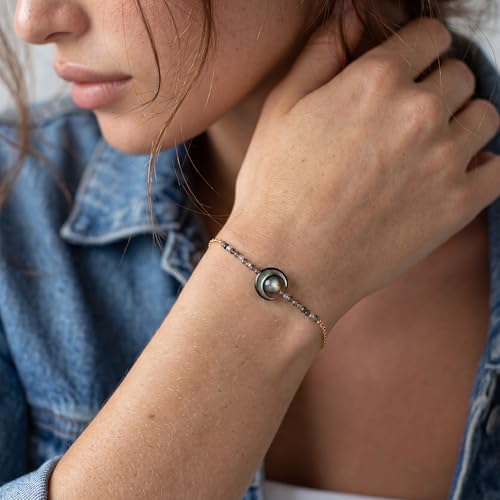 Fettero Beaded Bracelets for Women Charm Natural Stone Handmade Beads White Gold Plated Dainty Gold Bracelets Non Tarnish Boho Summer Beach Vacation Jewelry - color: Black-Moon