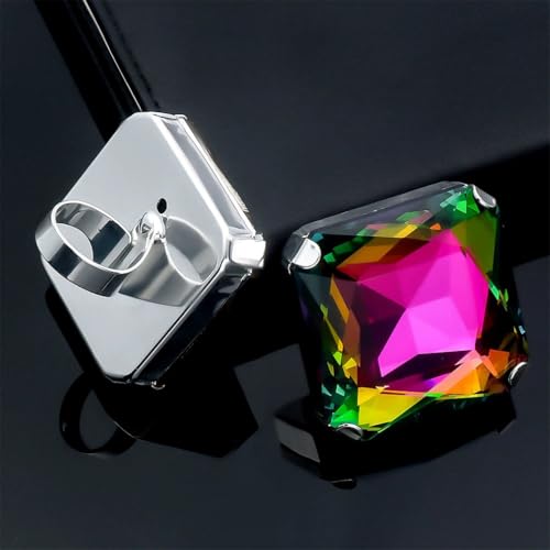 Large Different Color Square Sparking Rhinestone Ring, Exaggerated Vintage Geometric Crystal Glass Rings for Women Oversized Big Chic Party Jewelry Gift - color: Colorful