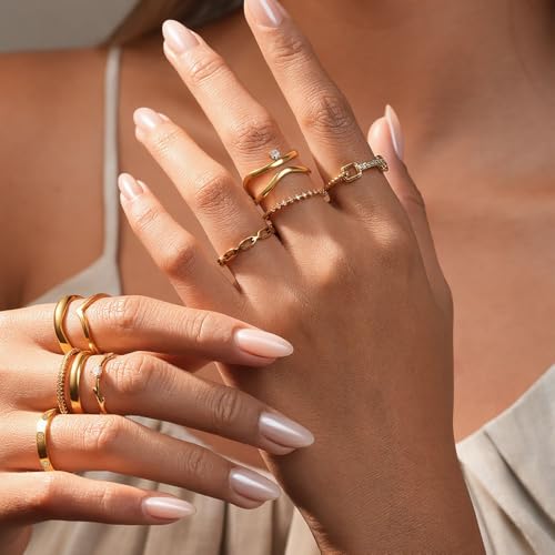 14K Gold Plated Stackable Rings for Women, Non Tarnish Cubic Zirconia Dainty Band Set, Wedding Engagement & Promise Rings, Sizes 5-10