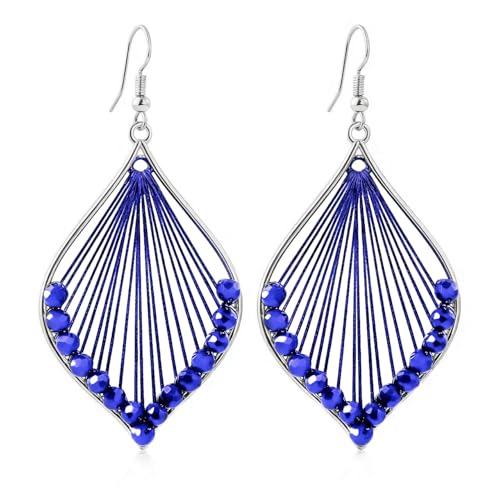 Silver Dangle Earrings For Women Trendy,Boho Cute Drop Western Earings,Vintage Gothic Ethnic Statement Beach Vacation Long Earrings with Leaf Teardrop Turquoise Crystal Tassels,Fashion Jewelry Birthday Gift. - color: A48) Handwoven Braided Rope Blue Beads