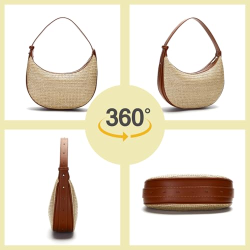 Herald Straw Crossbody Bag for Women Beach Woven Hobo Handbag Summer Chic Crescent Shoulder Purses with Adjustable Strap - color: Brown
