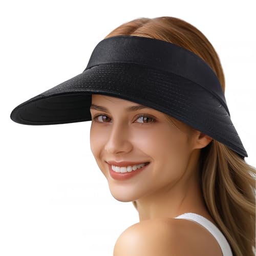 Sun Hats for Women - Wide Brim Sun Visor Hat for Women, UPF50+ Lightweight Foldable Ponytail Sports Cap - color: Black