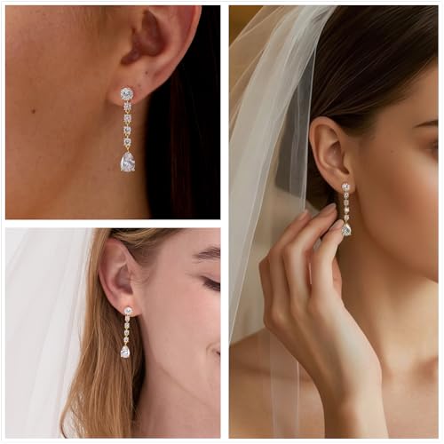 Teardrop Cubic Zirconia Dangle Earrings for Women 925 Silver Post Gold Plated Bridal Jewelry for Wedding Bride Bridesmaid Prom Pageant - color: Gold