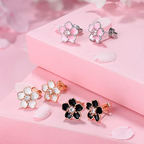 Pink Flower Earrings for Women, 925 Sterling Silver Stud Earrings, Cute Plumeria Earrings For Women, Cherry Blossom Hypoallergenic Stud - color: *White, Black, and Rose Gold