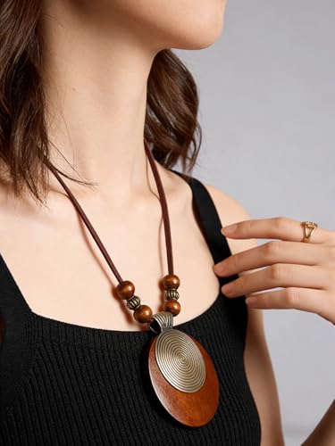 Kelake Leather Necklace for Women Men Teen Vinatge Boho Alloy Pendant Choker Jewelry Fashion Sweater Necklaces with Adjustable Genuine Leather Chain - color: Brown Wood & Gold 2 Layers Round Pendant