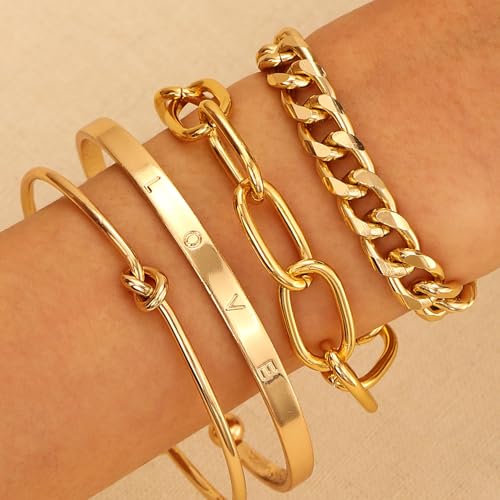 Alegend Titanium Steel (Not Rust, Resist Corruption, Easily Clean) 18K Gold Plated Single Bracelets + 14K Gold Plated Stackable Multilayer Bracelets - style: 14K Gold Plated Four-Layered A