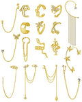 Tornito 17Pcs Ear Cuffs Chain Earrings Snake Butterfly Leaf Non Piercing Clip on Earring Fake Helix Cartilage Earrings Ear Clip Jewelry Silver Gold Tone - color: B:Gold Tone