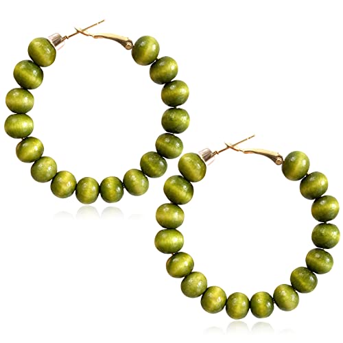 Handmade Nature Wooden Beaded Hoop Earrings Bohemian Minimalist Colorful Circle Round Wood Bead Earrings Vintage Chic Wooden Ethnic Dangle Drop Earrings for Women Statement Jewelry Gifts - color: Olive green