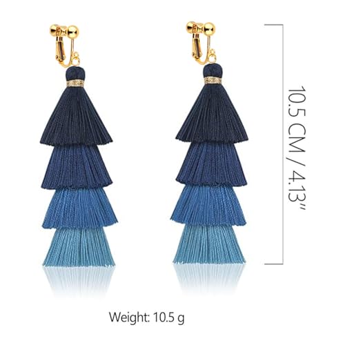 Clip on Earrings, Lightweight Colorful Layered Tassel Bohemian Statement Tiered Big Dangle Drop Earrings for Women, Non Pierced, Boho Jewelry - color: Sky blue