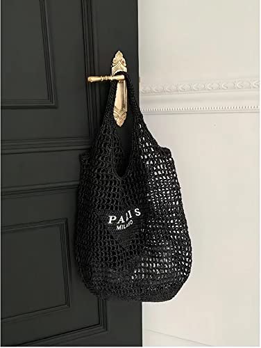 POOOPSSD New Woven Bag, Straw Mesh Tote Bag, Beach, Shoulder Bag, Hobo Women, Foldable Large Capacity, for Holiday. - color: Black