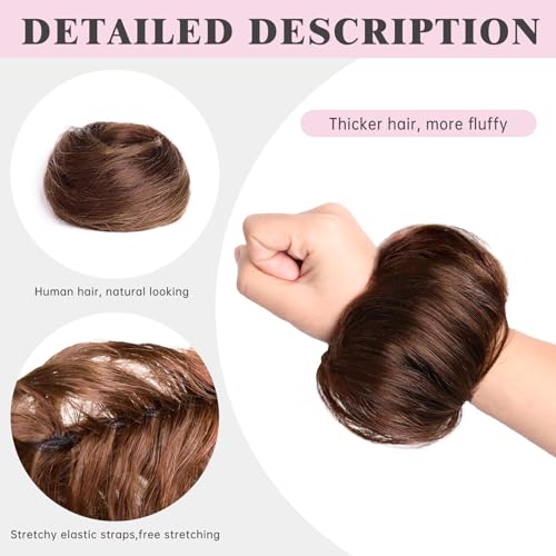 Messy Bun Hair Pieces for Updos 100% Real Human Chignons Scrunchies Hair Buns Stretchy Fluffy Faux Buns Wig Hairpiece Elastic Band Hairbun Donut Hair Bun Extensions for Women Chestnut Brown - color: Chestnut Brown