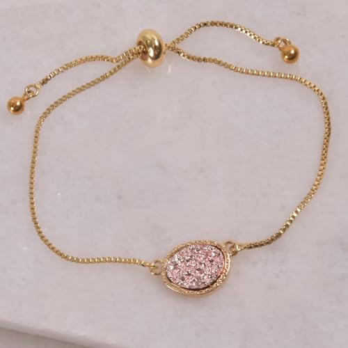 Humble Chic NY Simulated Druzy Chain Bracelet for Women - Boho Stackable Adjustable Bolo Slider Bracelet - color: Gold - Rose Gold Stone