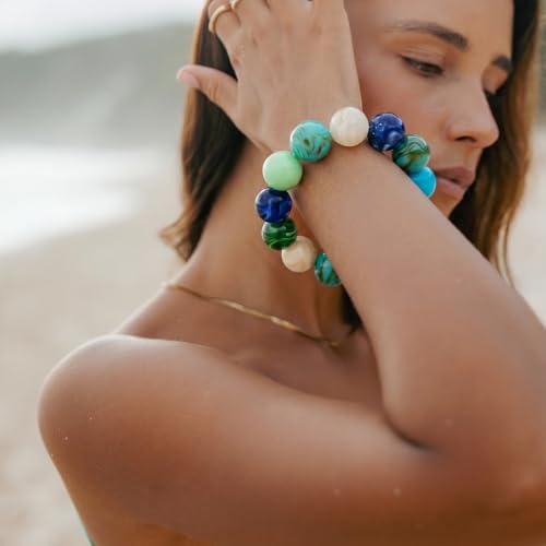 Multicolor Chunky Beaded Bracelet for Women Bold Acrylic Resin Stretch Bracelet Summer Beach Statement Bracelets Trendy Elastic Bangle Jewelry - color: Large bead bracelet-multi blue