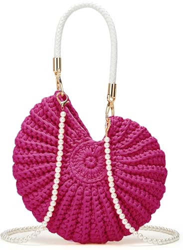 Handmade Crochet Tote Bag Seashell Purse for Women Boho Shell Handbag Crossbody Shoulder Bag Summer Beach Clutch Hobo Handbag - color: Rose