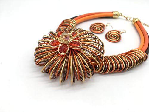 Statement African Necklace For Women African Jewelry Costume Earring Sets Tribal Fashion Colorful Big Rhinestone Crystal Pendent Collar Choker Bold Chunky Bib Handmade - color: Flower Orange