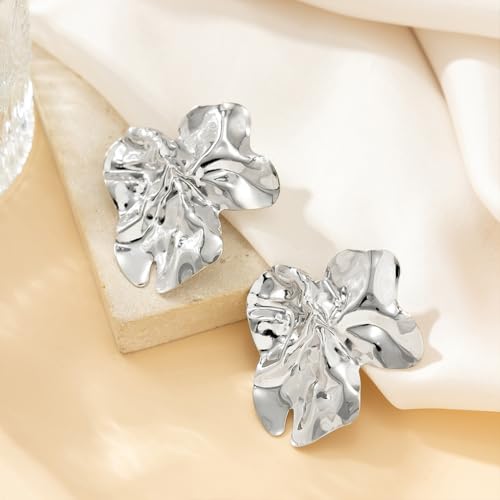 Statement Chunky Gold Large Silver Earrings for Women Trendy, Big Irregular Geometric Dainty Liquid Metal Stud Earrings Simple Prom Party Jewelry Gift - color: Silver -Cute