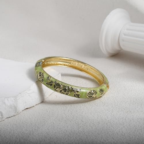 Vintage Flower Cuff Bangles Gold Plated Cloisonne Chinoiserie Peony Floral Elegant Bracelet Gifts For Women - color: dark green