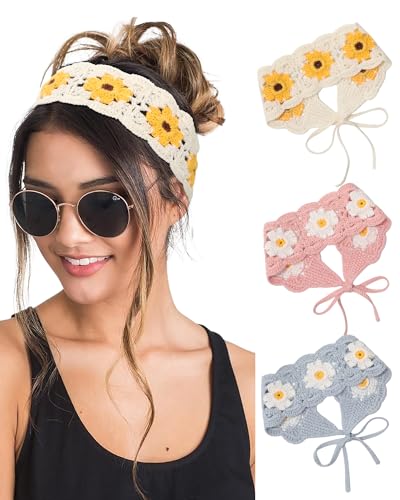 HAIMEIKANG Hippie Hair Bandanas Headbands for Women Boho Headband Knit Hair Bands Floral Head Wrap for Girls(Beige+Blue+Pink) - color: Beige+Blue+Pink