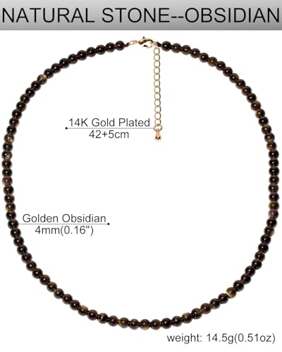 Simple Choker Necklace for Women Real Stone and Crystals Necklaces 4mm Beaded Choker Jewelry Meditation Gift for Women (16"+2") - style: Golden Obsidian