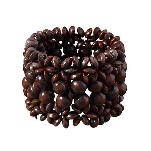 Boho Wide Chunky Colorful Wooden Thick Shell Elastic Stretch Bracelet Handmade Bohemia Summer Beach Vacation Adjustable Lightweight Wood Wristband Jewelry for Women - color: brown 1