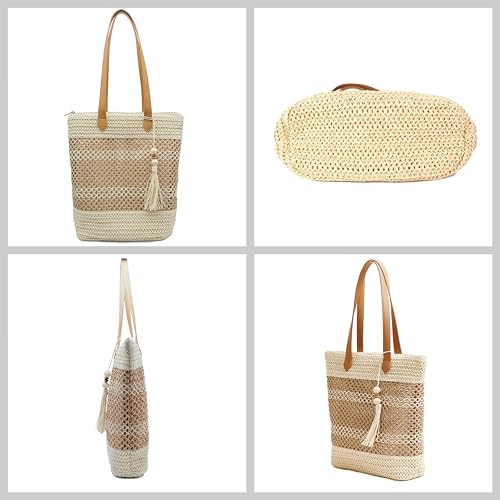 Aphoraeny Straw Beach Bag Buckets Totes Handbag Shoulder Tote Bag Straw Purse Summer Purse Women Summer Handbag - color: B-beige Stripes