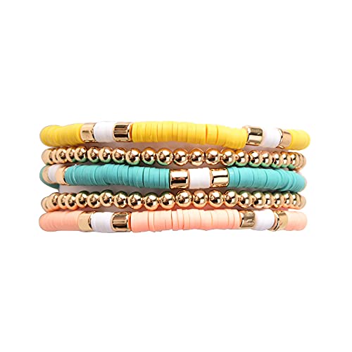 GOOJIDS Surfer Heishi Clay Bead Bracelets for Women Bohemian Stackable Gold Plated Beaded Stretch Bracelets Elastic Layering Friendship Bracelets Set Boho Jewelry - color: A-Multicolor 5pcs