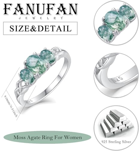 Celtic Birthstone Rings for Women 925 Sterling Silver Celtic Knot Ring 3-Stone Promise Rings for Her Wife Birthday Anniversary Wedding Jewelry - color: 14-Natural Moss Agate