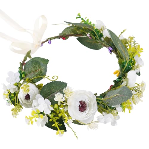White Flower Crown Headband, Adjustable Bridal Boho Floral Headpiece, Fairy Woodland Forest Flower Headbands for Women Girls Maternity Birthday Wedding Festival Party Hair Accessory - color: Daisy White