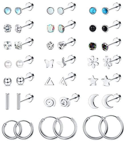 LOLIAS 21Pairs Surgical Steel Flat Back Earrings Hypoallergenic 20G Screw Back Nap Stack Cartilage Earring Stacks - color: Silver