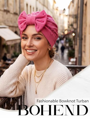 Bohend Stretchy Bowknot Turban Headband Elastic Cap Non Slip Bonnet Beanie Headwrap Hats for Women and Girls - color: Pink