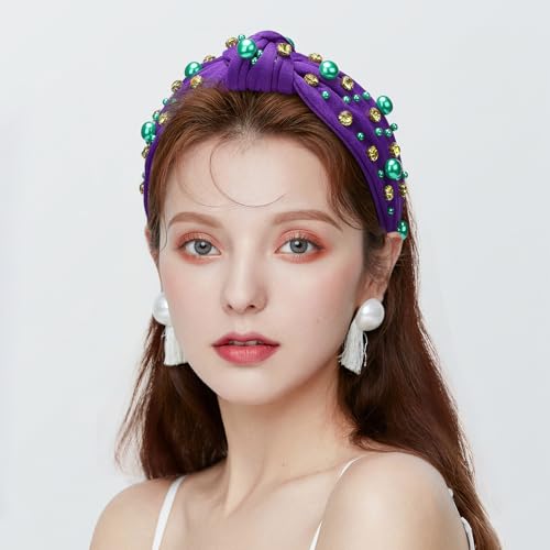 WantGor Pearl Knotted Headband, Women Rhinestone Embellished Hairband Elegant Wide Top Knot Bride Headbands Headpieces Party Fashion Elegant Ladies Hair Band Hair Hoop Accessories (Dark Purple) - color: Dark Purple