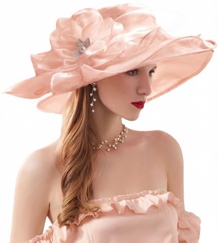 ORIDOOR Women’s Organza Church Tea Party Wedding Fascinator Derby Hat Wide Brim Sun Hats - color: C4-flesh Pink
