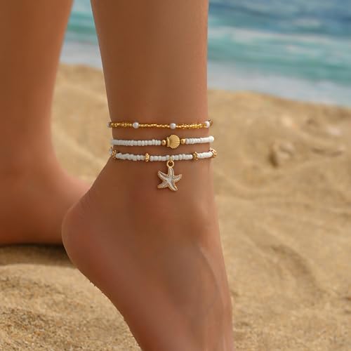 Beach Anklets for Women Boho Beaded Ankle Bracelets Set Adjustable Dainty Gold Anklets Stackable Hawaiian Vacation Beachy Pearl Seashell Starfish Conch Foot Jewelry - color: 3PCS Anklets