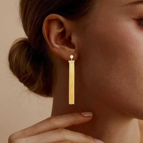 Gold Earrings for Women Trendy, Simple Dainty 14K Gold Plated Paperclip Square Chain Link Dangle Hoops Earrings Pin Stud Huggie Earrings Lightweight Hypoallergenic Minimalist Aesthetic Gold Jewelry for Christmas Gifts - color: tassel earrings-D