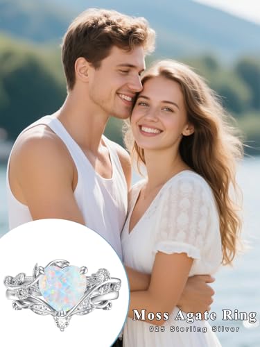 Natural Moss Agate Ring for Women 925 Sterling Silver Pear/Oval/Kite/Heart/Hexagon/Emerald/Coffin Cut Green Leaf Moss Agate Engagement Ring Promise Bridal Set Anniversary Birthday Jewelry Gifts - color: Heart Cut Opal